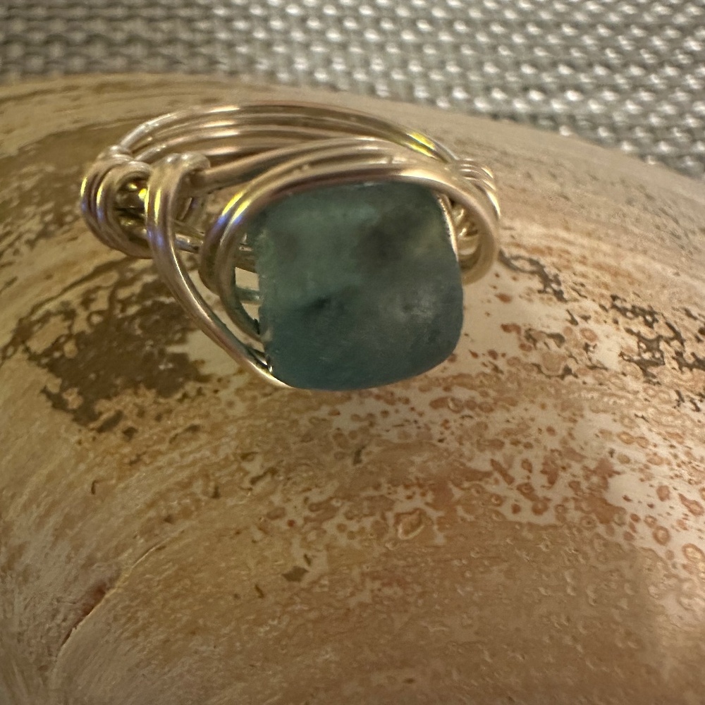 Blue SeaGlass Silver Wire Ring